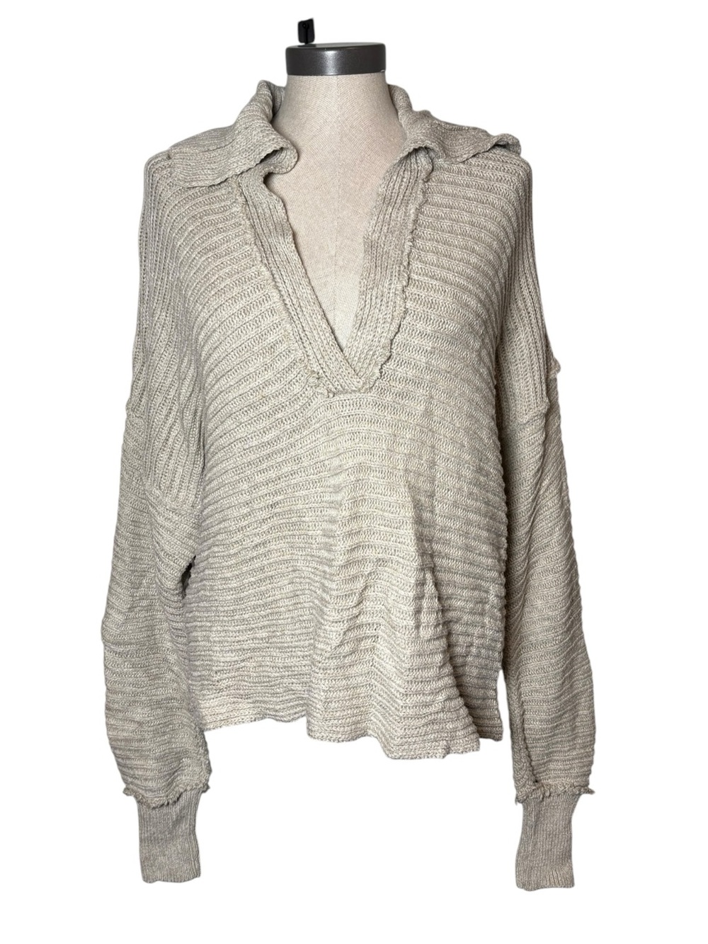 Free People S Oatmeal Ribbed Knit Collared V Neck Oversized Sweater Boho